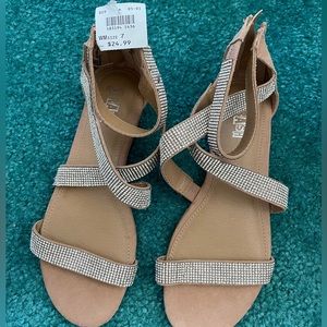 Tan sandals with silver sparkle